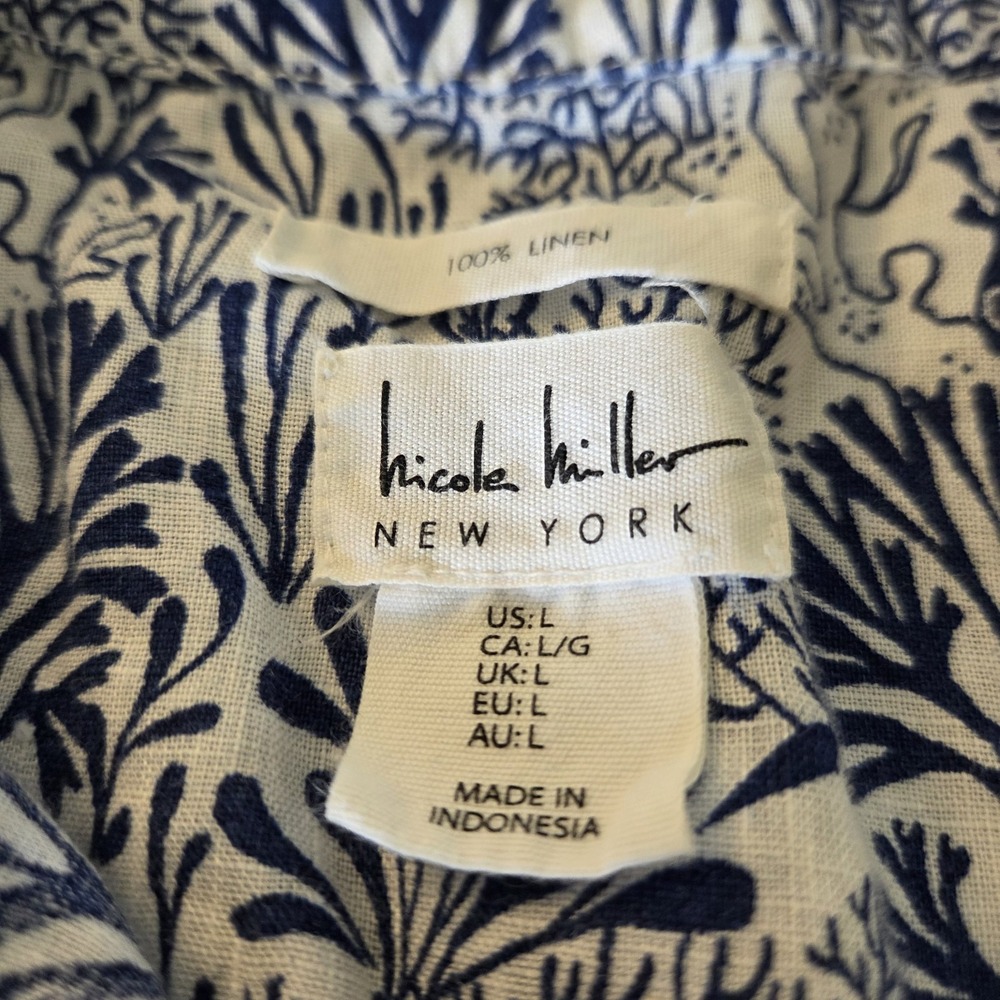 Nicole Miller sz L 100% linen button up top blue/wht coastal beach vacation - Picture 9 of 14